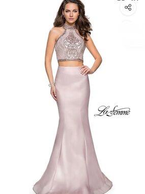 La Femme Blush Beaded Halter Two-Piece Prom Gown